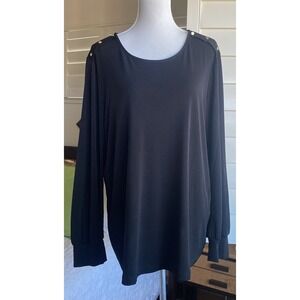 Susan Graver Women's XL Black Liquid‎ Knit Long Sleeve Top Gold Button Accents